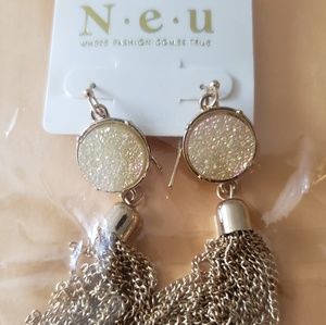 Round Shimmer Finish Natural Stone Chain Earrings